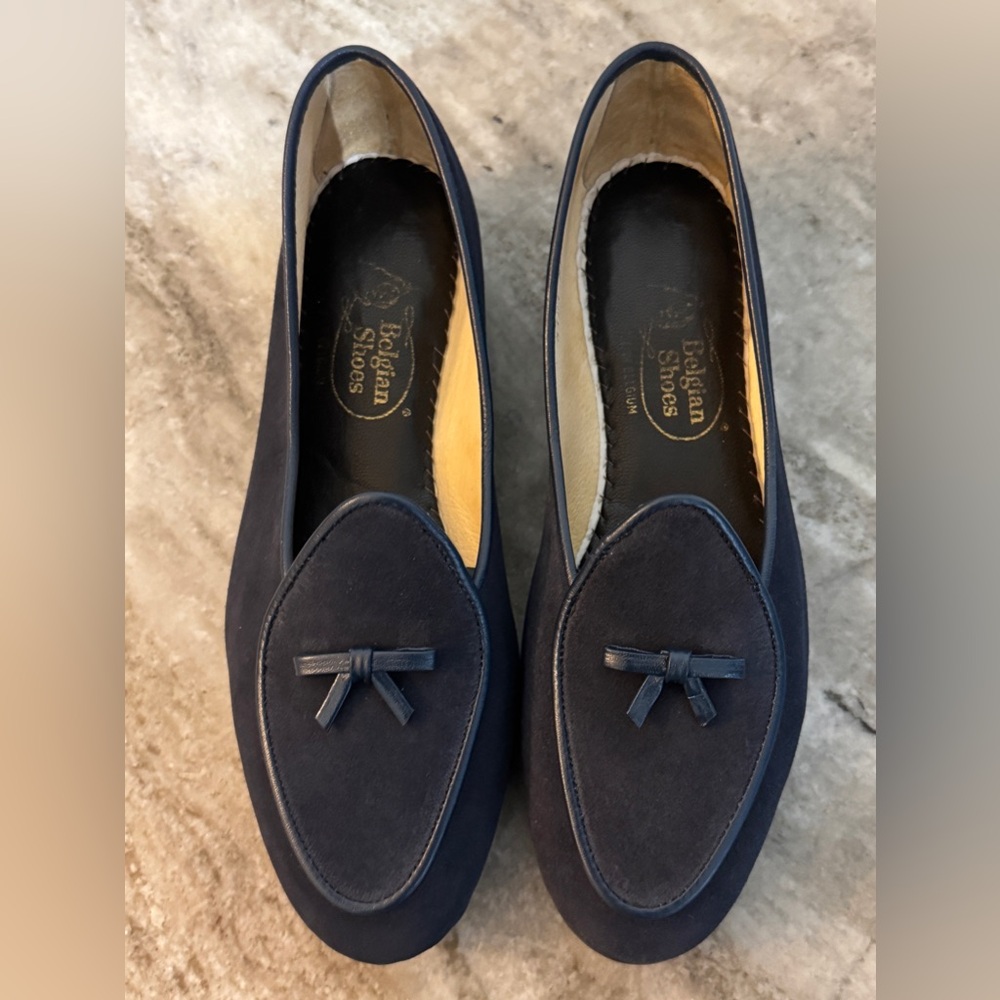 Belgian Shoes Midinette Slippers Navy Blue Suede Loafers 5.5 Flats Bow Tie